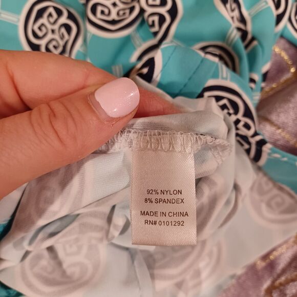 Lulu B Teal Blue Geometric V-Neck Long Sleeve Button Front Top Large Colorful - Picture 7 of 8